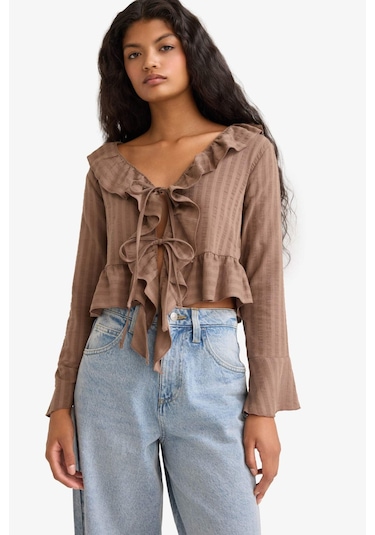 Defacto Regular Fit Dokulu Uzun Kollu Bluz F7657ax25aubn267 Kahve