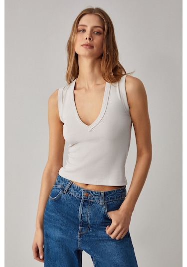 GRIMELANGE Lescosa Kadın Slim V Yaka Kolsuz Taş Rengi T-shirt Taş Rengi Taş