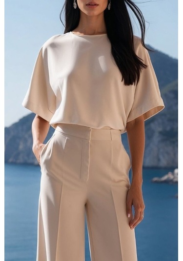 Modasize Kadın Kısa Kollu Bisiklet Yaka Bluz Yüksek Bel Cep Detaylı Pantolon Atlas Ikili Takım Bej