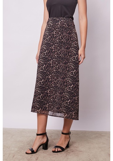 Kadın Desenli Şifon Astarlı Yüksek Bel Kemerli Midi Boy Diz Altı Uzun Çan Etek-leopar Leopar