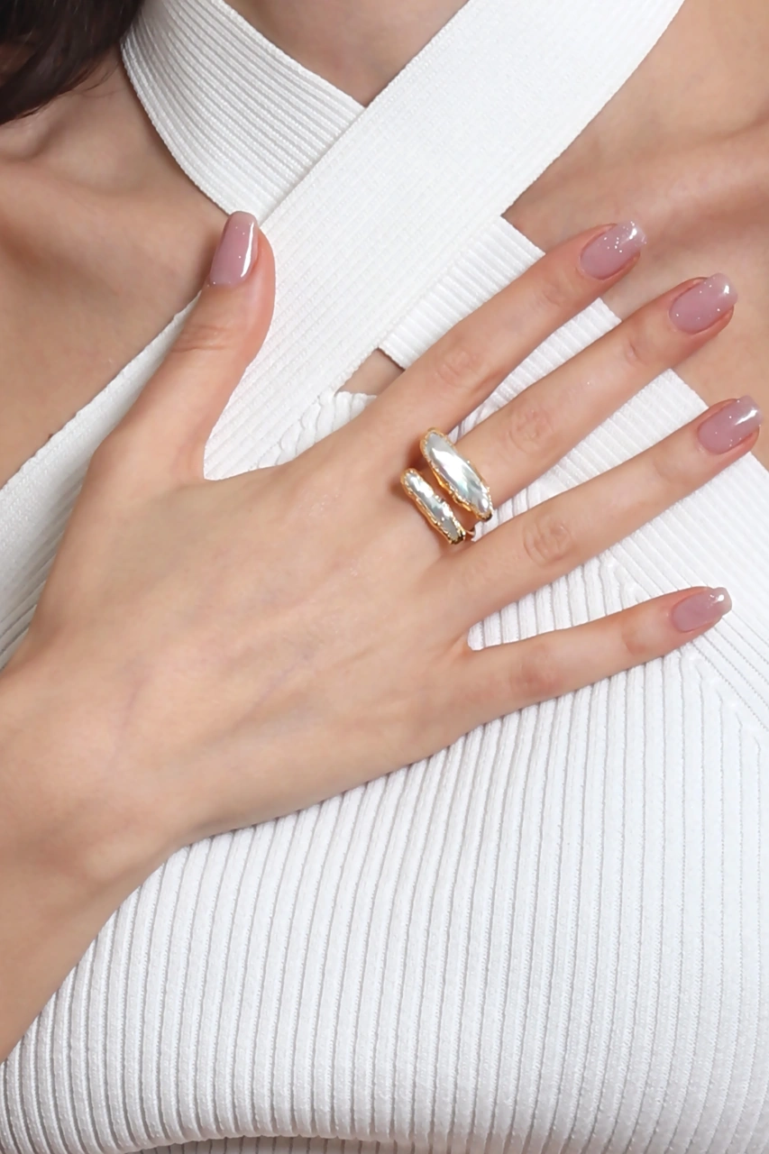 Labalaba Kadın İki Telli El Yapımı Tasarım İnci Yüzük Altın