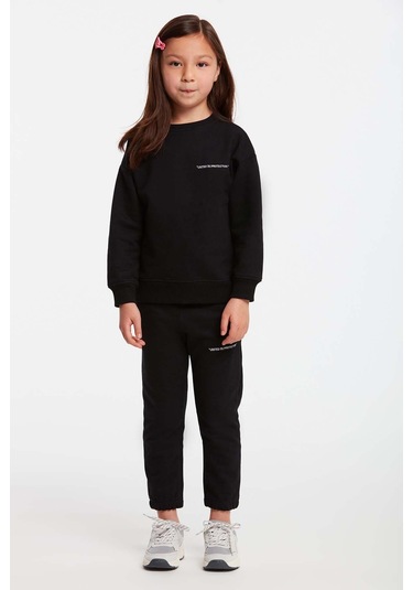 Jabor Kız Çocuk Nakışlı Bisiklet Yaka Comfort Siyah Eşofman Takımı