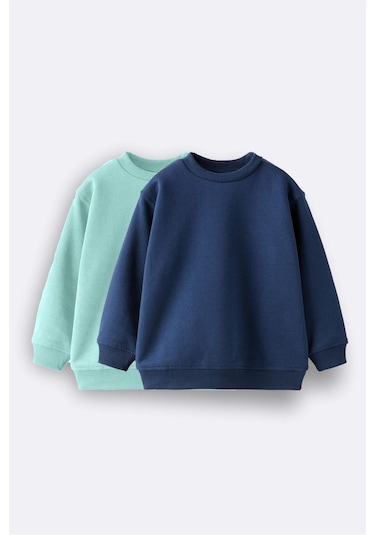 2'li Basic Şardonlu Çocuk Sweatshirt 3-10 Yaş Hardal-antrasit Su Yeşili - Lacivert
