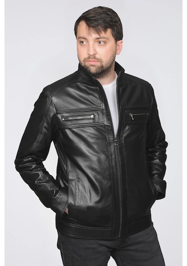 Derije Torres Hakiki Deri Erkek Büyük Beden Siyah Ceket Siyah