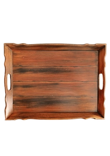El Boyaması Eskitme Kahve Desenli Ahşap Servis Ve Sunum Tepsisi Eskitme Kahverengi