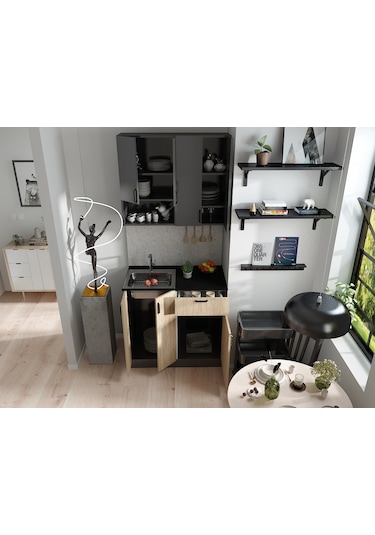 Antrasit Gövde -ahşap Detaylı Mutfak Dolabı Alt -üst Modül