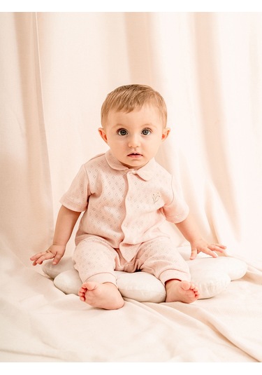 Jakarlı Bebe Yakalı 2li Bebe Takımı Pudra