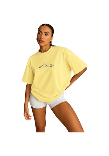 Dağ Baskılı Kadın Oversize Unisex Tişört Sari