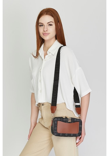 Morpelikan Siyah Monogram Kolon Askılı Kadın Omuz Çantası Siyah