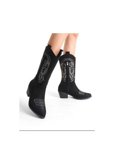 Kovboy Kanvas Western Tarz Sivri Bot Siyah-beyaz