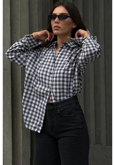 Madmext Siyah Oversize Kareli Kadın Gömlek Mg2822