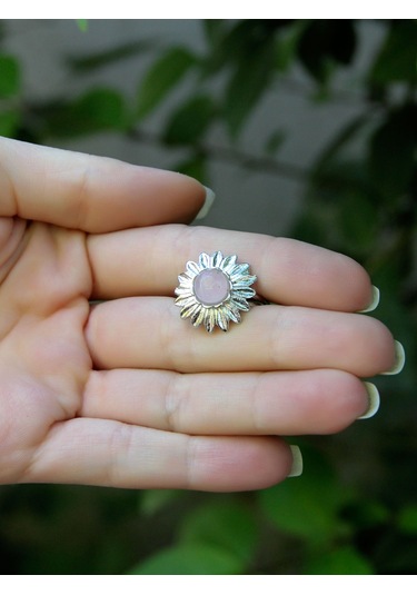 Doğal Taş Pembe Kuvars Doğal Taşlı Papatya Modelli Kadın Ayarlanabilir Gümüş Kaplama Yüzük Euy64pkr Pembe