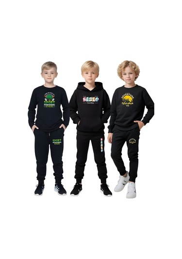 3 Lü Erkek Çocuk Baskılı Kanguru Cepli Kapüşonlu/sıfır Yaka Eşofman Takımı Siyah