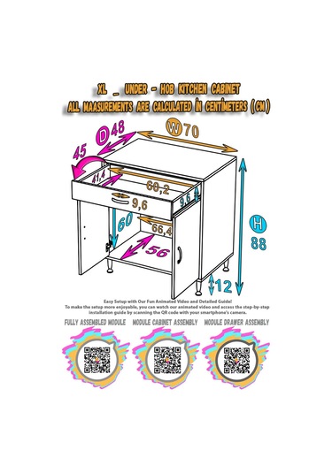 Modilayn Qplas Xl Set Ocak Altı Dolap 70x88x48 Cm. Çekmeceli, Kapaklı, Raflı Ve Baharat Raflı. Beyaz