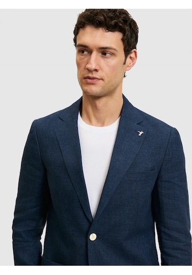 Cacharel Lacivert Slim Fit %100 Keten Mikro Desen Mono Yaka Ceket