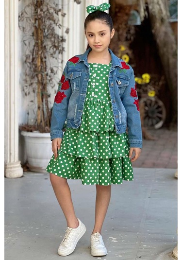 Riccotarz Kız Çocuk Çiçek Baskılı Kot Ceket Puantiyeli Kat Kat Piliseli Yeşil Elbise Yeşil