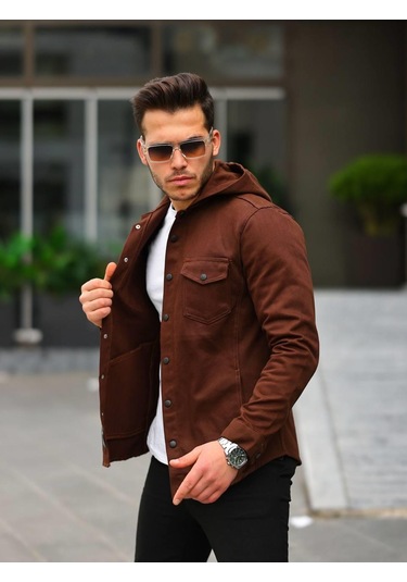 Kahve Renk Kapüşonlu Kot Ceket-1361 Kahverengi