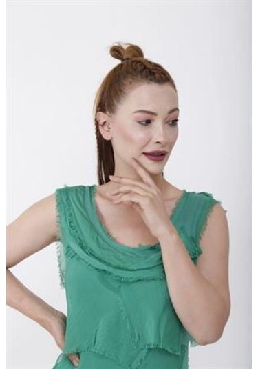 Italyan 2 Beden İnce Gösteren Kat Kat Kolsuz Ipek Elbise-8769 Yeşil