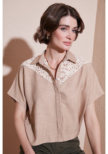 Lela Dantelli Relaxed Fit Kısa Kollu Bayan Gömlek 5865764 Taş