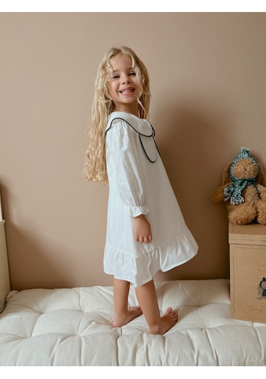 Linola Baby Kids Celine Kelebek Yaka Keten Elbise Ekru