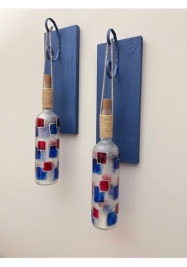 Led Işıklı Koyu Mavi Renkli Vitray Cam Salon Bar Bahçe Dekoru Şar Çok Renkli