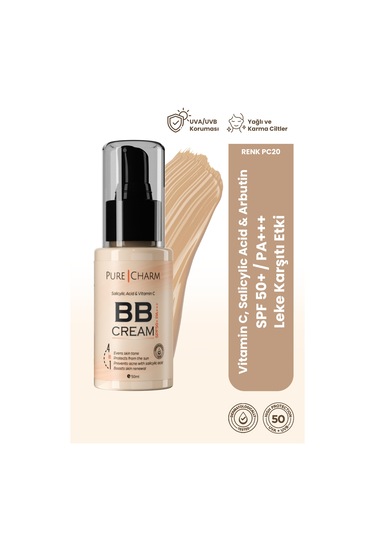 Pure Charm Salicylic Acid Uva Uvb Koruması Nemlendirici Kapatıcı BB Krem SPF50 Pa+++ PC20 50 ML
