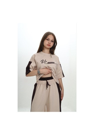 Kız Çocuk %100 Pamuk London Baskılı Oversize Garnili Truvakal Kollu Eşofman Takımı-293-eşt-0010 Bej