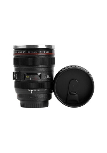 Honmex Kamera Lens Desenli 400ml Paslanmaz Çelik Termos Bardak, Dökülürsüz, Kahve/çay İçin Siyah Siyah