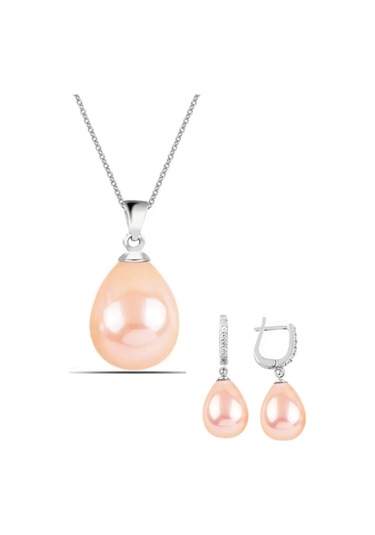 Gümüş Damla Model Kolye Küpe Pembe Inci Set
