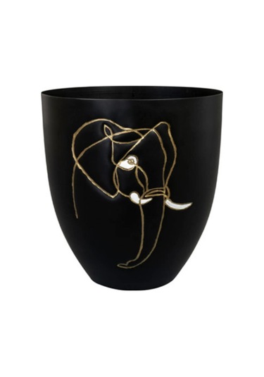 Lea Fil Desenli Siyah Metal Saksı Çap 18cm Yükseklik 19cm