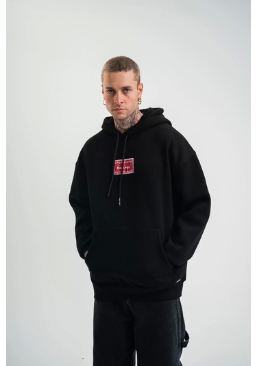 Double Oversize Kapşonlu Dijital Patchli Sweatshirt - Siyah