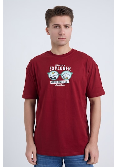 Velvoria Unisex Oversize Mountain Explorer Baskılı Bordo Renk T-shirt