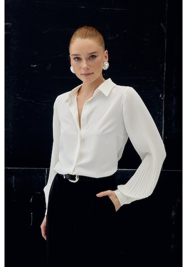 Sateen Plise Kollu Gömlek - Ekru-137087 ekru