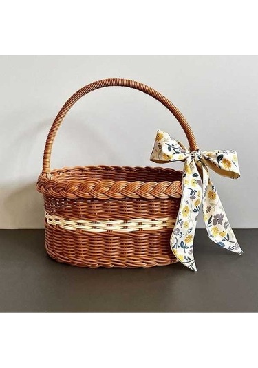 Besthome1 Pratik El Tutanaklı Sepet - Bebek Piknik, Hediye, Meyve İçin - Sarı Rattan Örgü - Küçük Boy 27x18x14 Cm, Tencel Şal