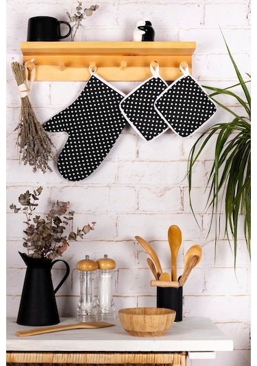 3'lü Fırın Eldiveni Ve Tencere Tutacak Mutfak Seti & 220 Derece Isıya Dayanıklısiyah Puantiye