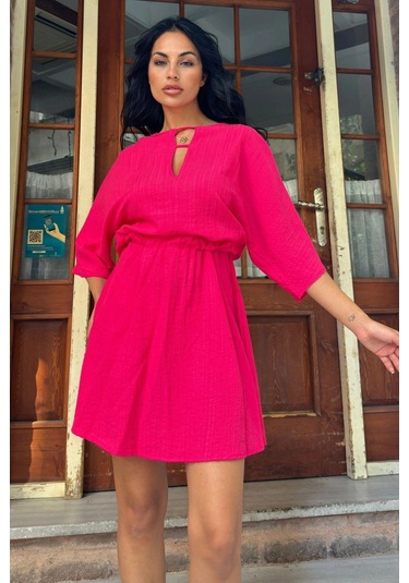 Fuşya Yaka Detaylı Kloş Elbise Fuşya