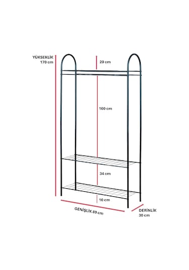 Siyah Metal Elbise Askılığı 3 Raflı Çok Amaçlı Ayaklı Portmanto