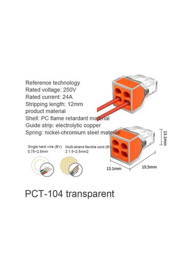 Koodmax 5 Adet Pct-104 4 Pinli İtmeli Hızlı Kolay Kablo Tel Birleştirici Konnektör Vidasız Klemens