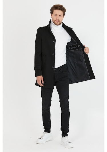 Erkek Siyah Dar Kesim Dik Yaka Uzun Kaşe Kaban-Siyah