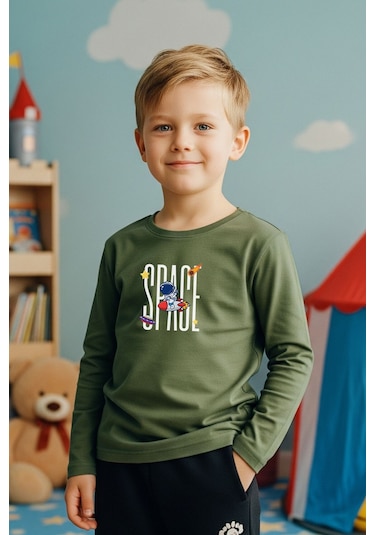 Sıfır Yaka Space Baskılı Erkek Çocuk Sweatshirt Haki