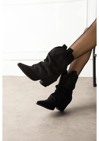 Shoetek Livinya Kadın Kovboy Bot Körüklü Siyah Süet Siyah