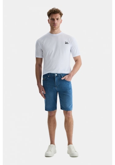 Ucla Darrel Mavi Nakışlı Standard Fit Erkek Denim Şort Mavi
