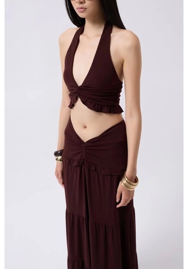 Düğüm Detay Fırfırlı Crop Kahverengi