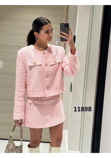 Kadın Pembe Cep Detaylı Tweed Üst-alt Takım Pembe