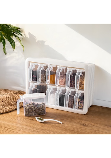 Porsima Simple 1168 Random 12'li Standlı Kendinden Yapışkanlı Kaşıklı Kapaklı Baharatlık Saklama Kabı Seti - Beyaz Beyaz