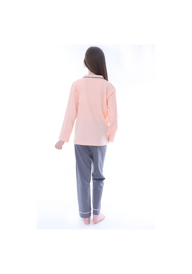 Zuzunga Ekru-lila Çiçek Baskılı Biyeli Düğmeli %100 Pamuk Kız Çocuk Pijama Takımı Somonfüme Somon - Füme