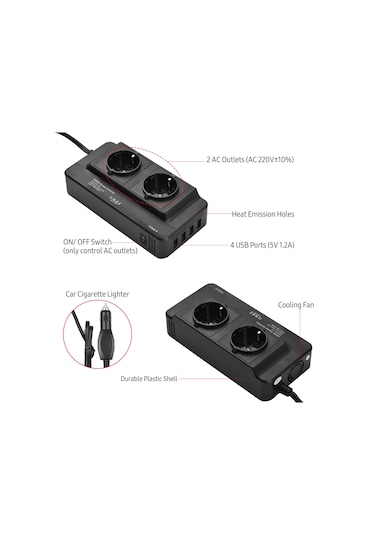 200w Araba Güç İnvertörü Dc 12v'den Ac 220v Dönüştürücü 2 Ac Çıkışı 4 Usb Portu Açma/kapama Anahtarı-siyah