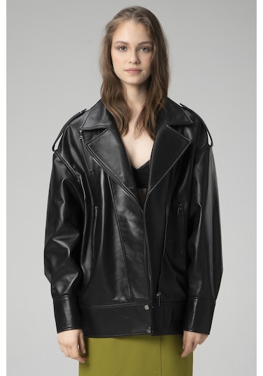 Dericlub Wm019 Oversize Biker Hakiki Deri Kadın Mont