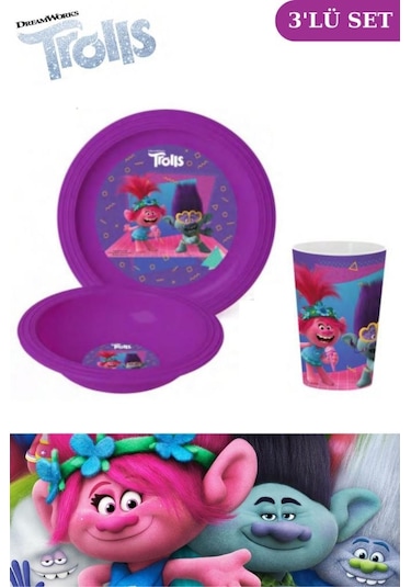 Flosoft Lisanslı Trolls Çocuk Kahvaltı Seti, Trolls Desenli Kase Tabak Bardak 3 Lü Yemek Seti