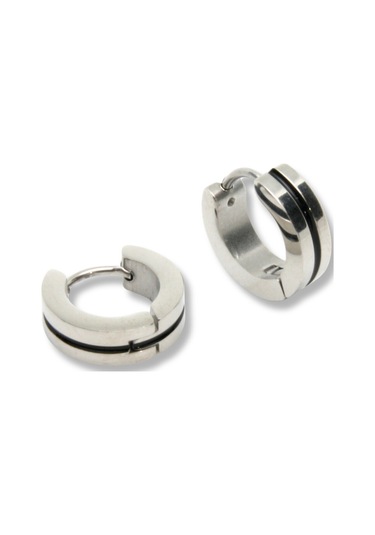 Ocean Pole Çelik Siyah Çizgili Küpe Gümüş